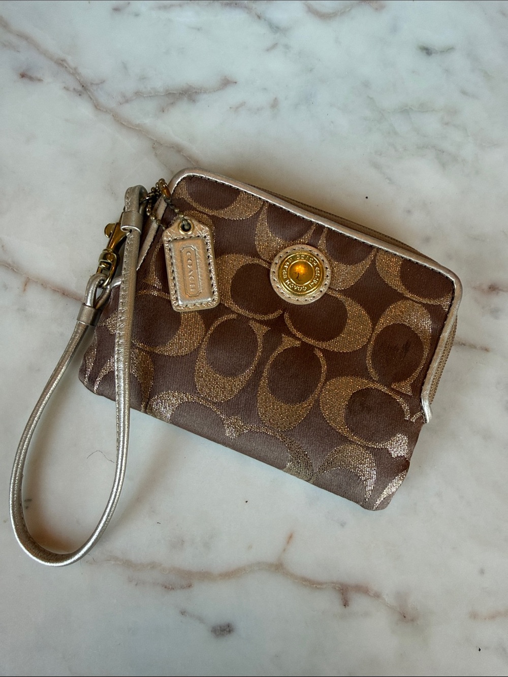 Coach Brown and Gold Signature Wristlet with Metallic Strap
